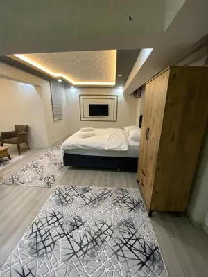 a bedroom with a bed and a tv on the ceiling at Poyraz suit in Bursa