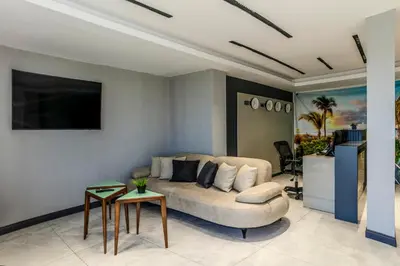 a living room with a couch and a tv at AirGate Airport Hotel in Arnavutköy