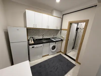 a kitchen with a sink and a washer and dryer at Galata Green Apple Apart in Istanbul