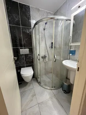 a bathroom with a shower and a toilet and a sink at Şişli Suites - Room45 in Istanbul