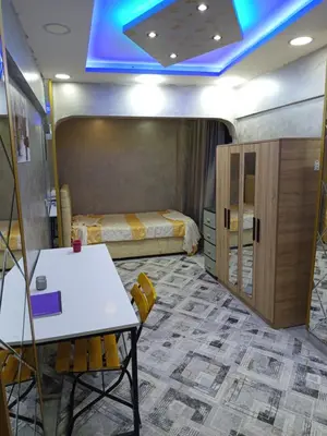 a room with a bed and a desk and a table at Hilal Aparment Basement in Istanbul