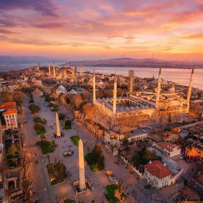 an aerial view of a city with a mosque at Ayasofya Bella Vista APART in Istanbul