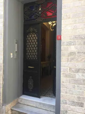 an entrance to a building with a black door at Ozcans Pera Flats 3 in Istanbul