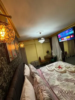 a bedroom with a bed with a couch and a television at Gür Star Hotel in Istanbul