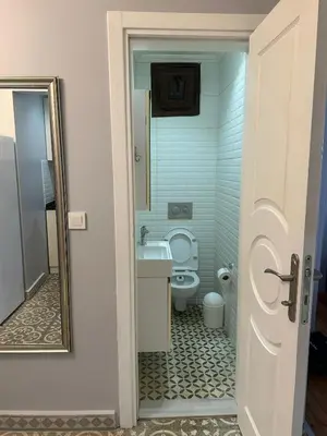 a bathroom with a toilet and a sink and a mirror at Ozcans Sururi Pera Flats 2 in Istanbul