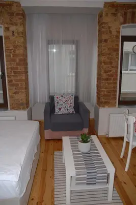 a living room with a bed and a couch at Ozcans Pera Sururi Flats 4 in Istanbul