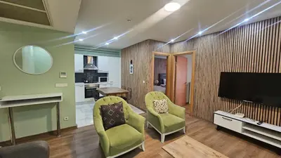 a living room with two chairs and a flat screen tv at Bright 2BR Home in Central Istanbul in Istanbul