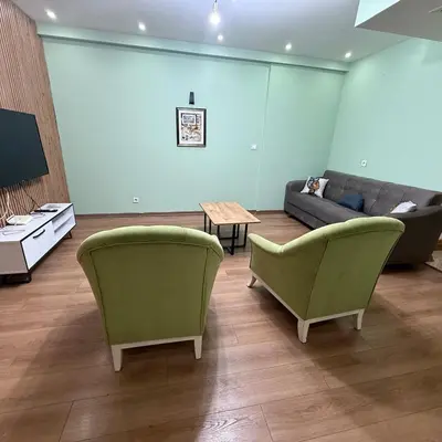a living room with two green chairs and a couch at Bright 2BR Home in Central Istanbul in Istanbul