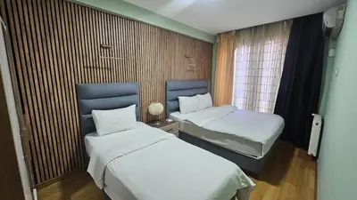 a room with two beds and a window at Bright 2BR Home in Central Istanbul in Istanbul