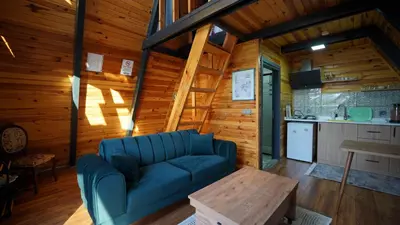 a living room with a blue couch and a kitchen at Hilltop Bungalov Sapanca 3 in Sapanca