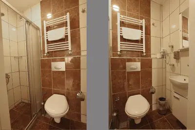 two pictures of a bathroom with a toilet and a sink at Pera Sultan Suit in Istanbul