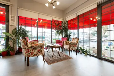 a living room with chairs and a table and windows at Queen Seagull Boutique Hotel in Istanbul