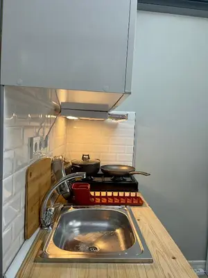a kitchen with a sink and a stove with two pans at Balat Homes & Apartments Cottage in Istanbul