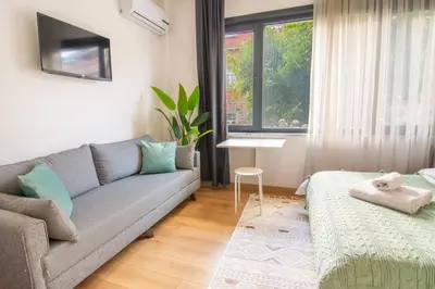 a living room with a couch and a window at Firuzağa Retreat Studio in Beyoğlu in Istanbul
