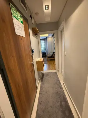 a hallway with a wooden door and a carpet at AYD Apartment Beyoğlu in Istanbul