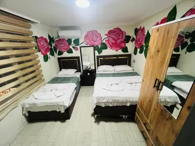 two beds in a room with roses on the wall at sefa yacht hotel in Istanbul