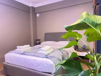 a bedroom with a bed with towels and a plant at Konakkoy 1 in Istanbul