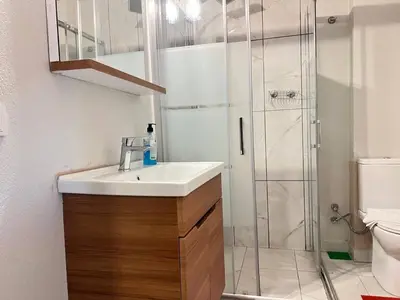 a bathroom with a sink and a shower at Konakkoy 1 in Istanbul