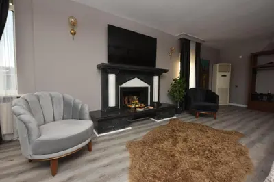 a living room with a fireplace and a chair and a television at Treekos Boutique Hotel Istanbul Airport in Karaburun