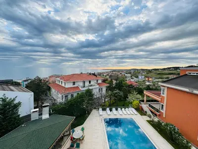 an aerial view of a house with a swimming pool at Treekos Boutique Hotel Istanbul Airport in Karaburun