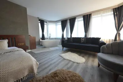 a bedroom with a bed and a bath tub and a couch at Treekos Boutique Hotel Istanbul Airport in Karaburun