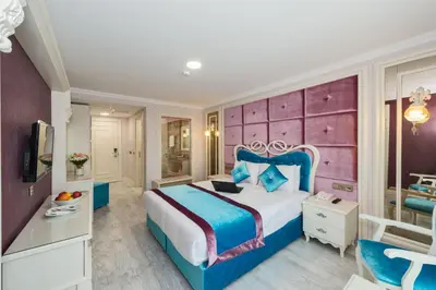 a bedroom with a large bed with a pink headboard at Marnas Hotels in Istanbul
