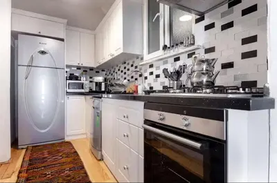 a kitchen with a refrigerator and a stove top oven at Historic Elegance with a Bosphorus Gaze in Istanbul