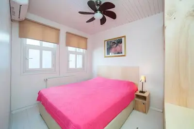 a bedroom with a pink bed and a ceiling fan at Private house with 4 separate apartments-for families & friend groups in Istanbul