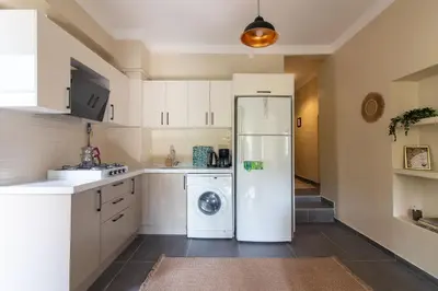 a kitchen with a refrigerator and a washing machine at Calm & Charming 1BR with Shared Lush Garden Access in Istanbul
