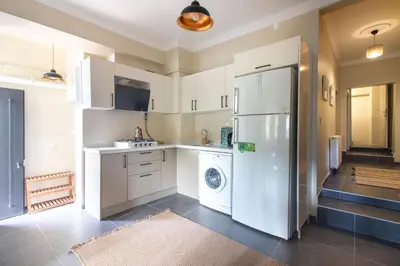 a kitchen with a refrigerator and a washer and dryer at Calm & Charming 1BR with Shared Lush Garden Access in Istanbul