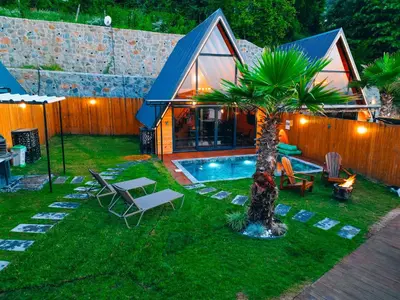 a small backyard with a palm tree and a house at Bungorise Bungalov in Sapanca