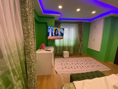 a living room with green walls and a flat screen tv at Işıl Otel Old City in Istanbul