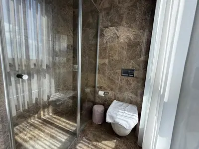a bathroom with a shower and a toilet at CIFT MANZARa in Istanbul