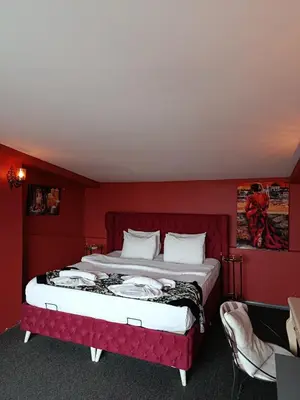 a bedroom with a large bed with red walls at Galata Comfortable 12 Suits in Istanbul