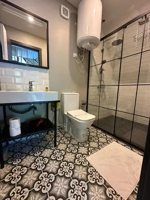a bathroom with a toilet and a sink and a shower at Guzel Evler Family Resort in Sapanca