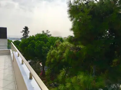 a view of a tree from a balcony at Şeker Apartments in Tuzla