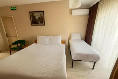 a hotel room with two beds and a chair at Lion Stone Hotel in Istanbul