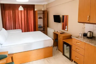 a hotel room with a bed and a desk and a kitchen at Lion Stone Hotel in Istanbul