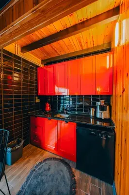 a kitchen with red cabinets and a black dishwasher at Sapanca bungalife in Sapanca