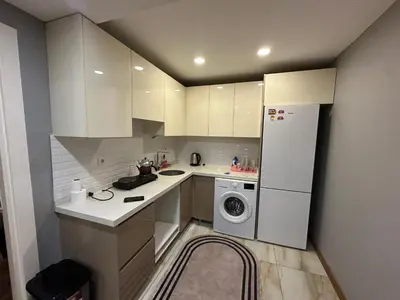 a small kitchen with a refrigerator and a washer and dryer at Gold Suit - Bakırköy City Center in Istanbul