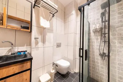 a bathroom with a toilet and a sink and a shower at King Suit Beşiktaş apart in Istanbul