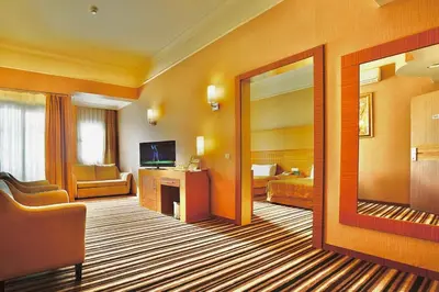 a hotel room with a large mirror and a bedroom at İSTANBUL Taksim Palece OTEL in Istanbul
