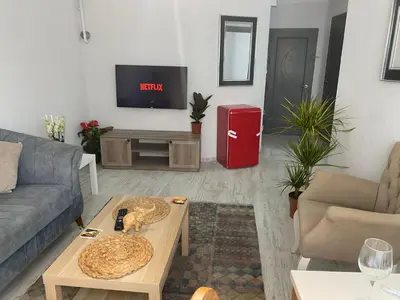 a living room with a couch and a tv at ŞAH apartmanı in Istanbul