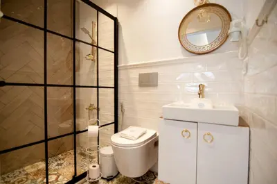 a bathroom with a toilet and a sink and a mirror at Blue Mosq Pansiyon & Apart in Istanbul