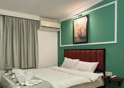 a bedroom with two beds and a green wall at Veva flats hotel in Istanbul