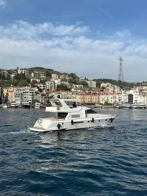 a white boat in the water with a city in the background at Rotavira YAT KİRALAMA PLATFORMU in Istanbul