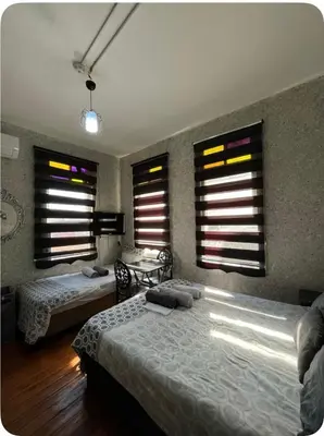 a bedroom with two beds and two windows at Taksim Cinar Suit in Istanbul