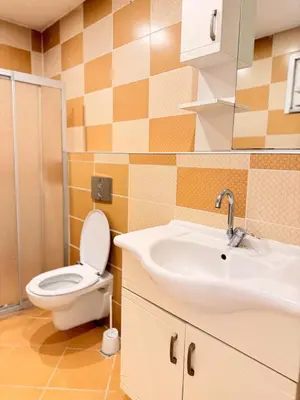 a bathroom with a toilet and a sink at Great Location Terrace Apartment 15 in Istanbul
