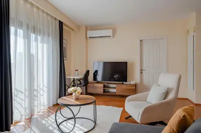 a living room with a couch and a tv at Spacious 1-Bedroom Apartment with Bosphorus View in Istanbul