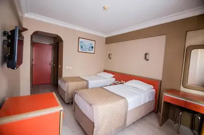a hotel room with two beds and a television at Sahinler Hotel in Istanbul